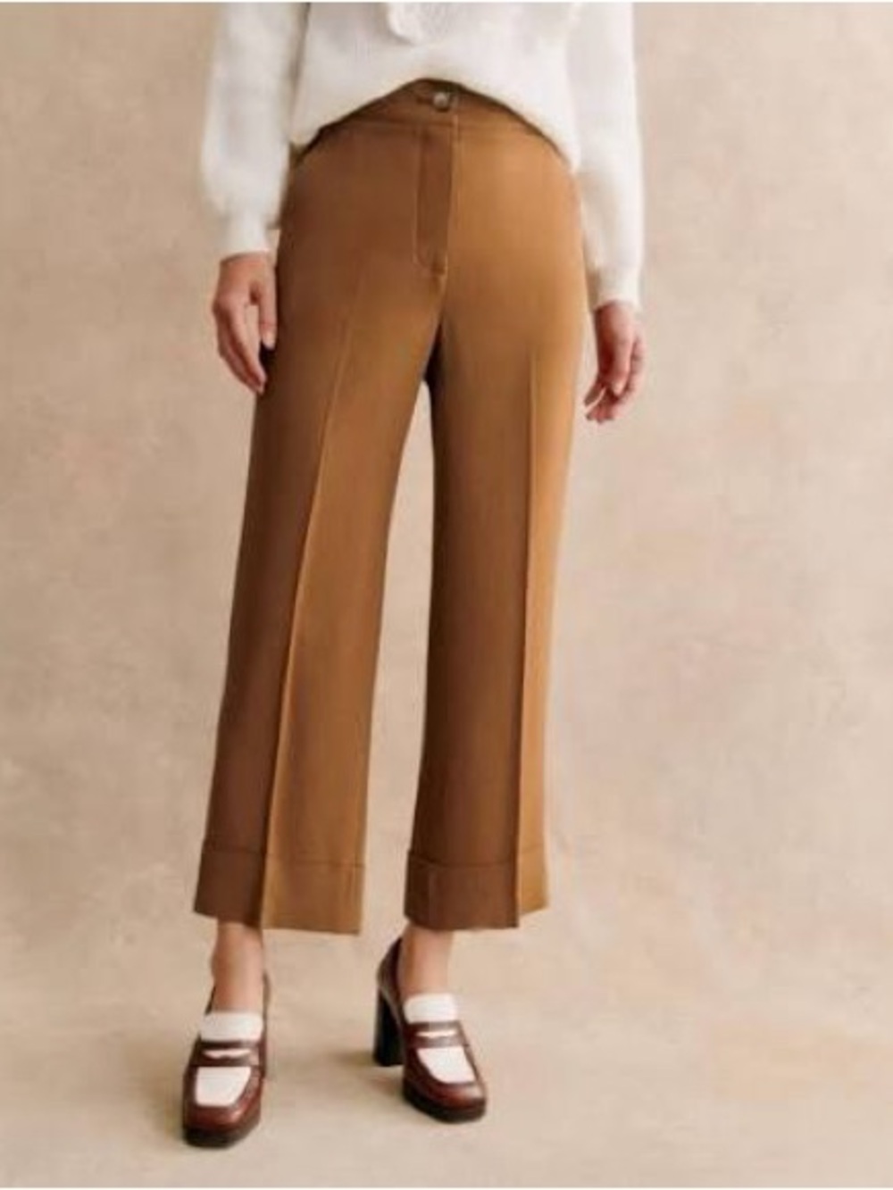Sezane Cropped Wide-Leg Pants in Camel Brown
